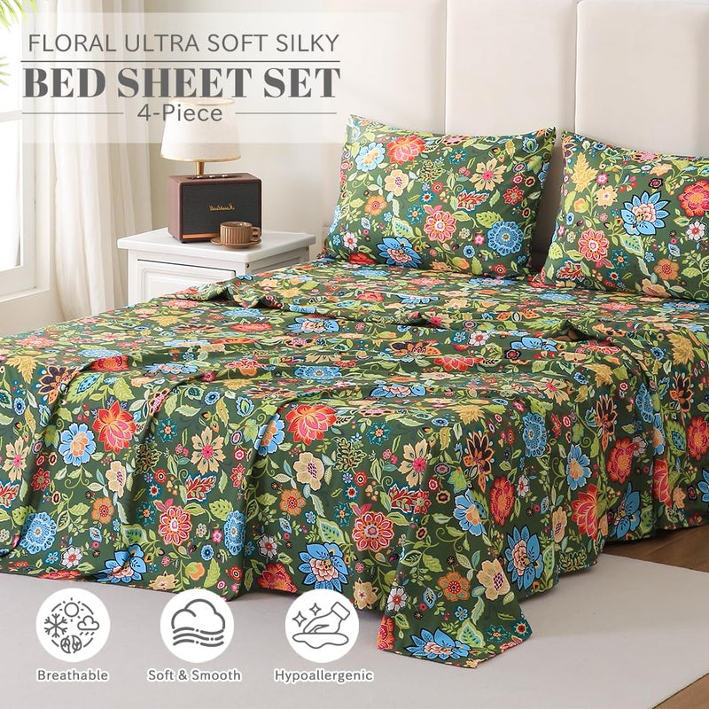 مجموعة ملاءات Bedlifes King فائقة النعومة تسمح بمرور الهواء بجيب عميق على شكل زهرة حريرية 100% من الألياف الدقيقة 4 قطع مقاس كينج مع زهور باللون الأخضر الداكن - Image 3